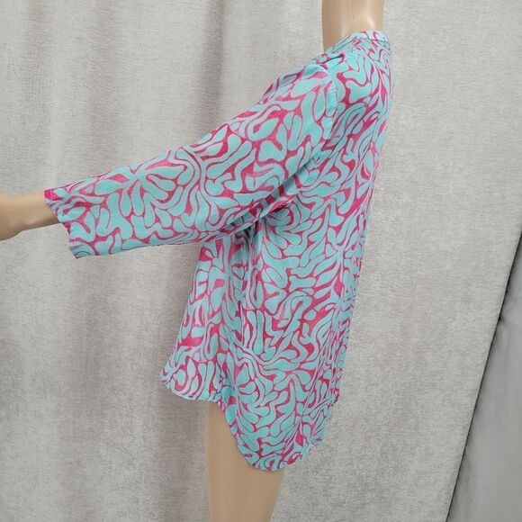 APNY Pink Blue Cupro Viscose Printed Top Button Down Blouse Women's Large - Picture 3 of 11